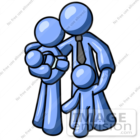 #35450 Clip Art Graphic of a Blue Guy Character With His Children And Wife by Jester Arts