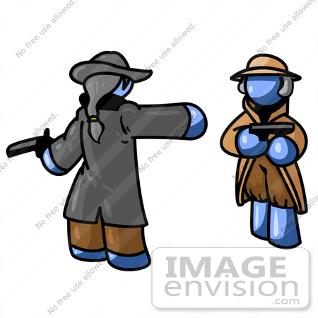 #35451 Clip Art Graphic of a Blue Guy Character Dueling With Another by Jester Arts
