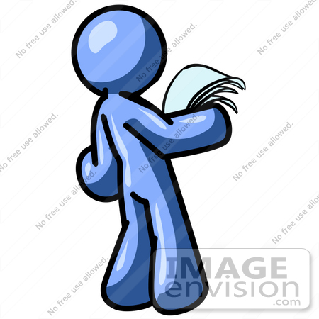#35453 Clip Art Graphic of a Blue Guy Character Reading A Letter by Jester Arts