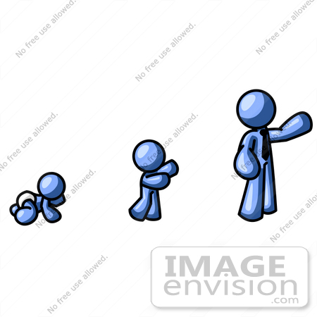 #35454 Clip Art Graphic of a Blue Guy Character Growing From A Baby To An Adult by Jester Arts