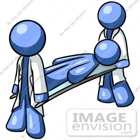 #35455 Clip Art Graphic of a Blue Guy Character Being Carried By Paramedics On A Stretcher by Jester Arts