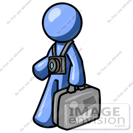 #35460 Clip Art Graphic of a Blue Guy Character Touring With A Camera And Luggage by Jester Arts