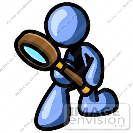#35461 Clip Art Graphic of a Blue Guy Character Kneeling And Using A Magnifying Glass by Jester Arts
