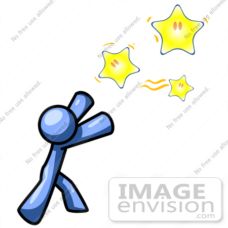 #35462 Clip Art Graphic of a Blue Guy Character Reaching For Shining Stars by Jester Arts