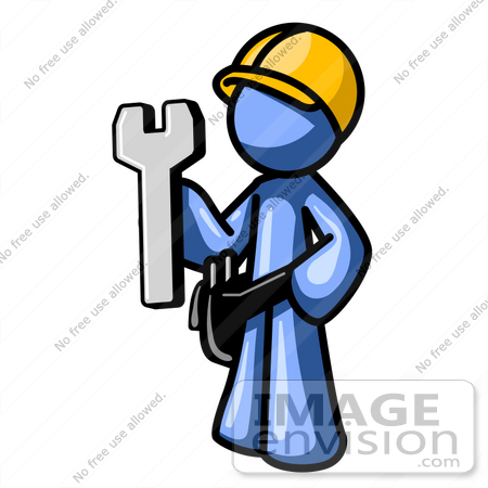 #35464 Clip Art Graphic of a Blue Guy Character Holding A Wrench And Wearing A Tool Belt by Jester Arts