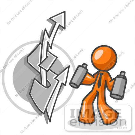#35466 Clip Art Graphic of an Orange Guy Character Making Graffiti Art On A Wall by Jester Arts