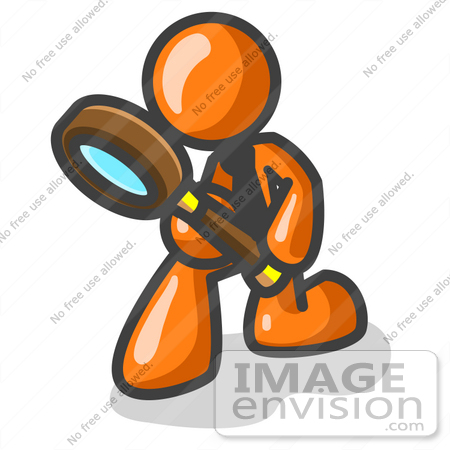 #35467 Clip Art Graphic of an Orange Guy Character Kneeling And Peering At Something Through A Magnifying Glass by Jester Arts
