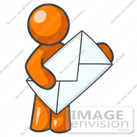 #35469 Clip Art Graphic of an Orange Guy Character Holding A Giant White Envelope by Jester Arts