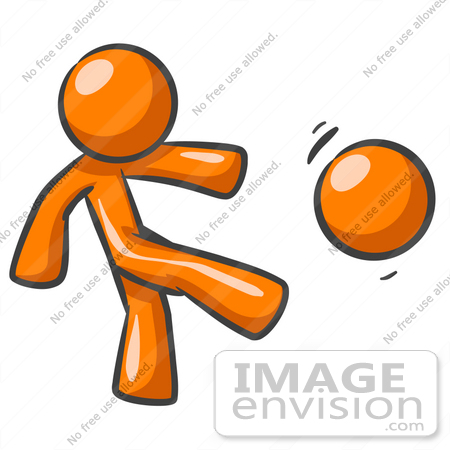 #35470 Clip Art Graphic of an Orange Guy Character Kicking A Ball Really Hard While Playing On A Field by Jester Arts