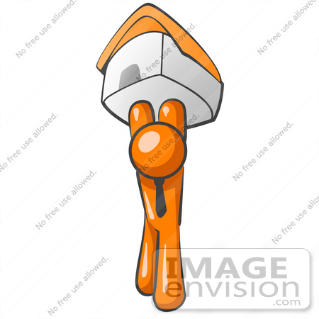 #35471 Clip Art Graphic of an Orange Guy Character Holding A House High Above His Head by Jester Arts