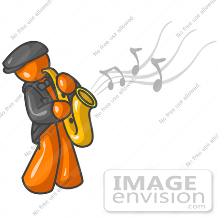 #35472 Clip Art Graphic of an Orange Guy Character Musician Playing A Sax by Jester Arts
