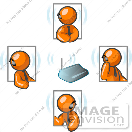 #35473 Clip Art Graphic of Orange Guy Characters In Four Poses, Holding A Meeting With Headsets by Jester Arts