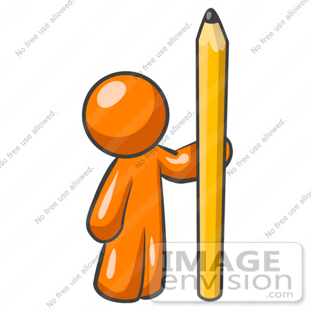 #35474 Clip Art Graphic of an Orange Guy Character Standing By A Large Yellow Pencil by Jester Arts