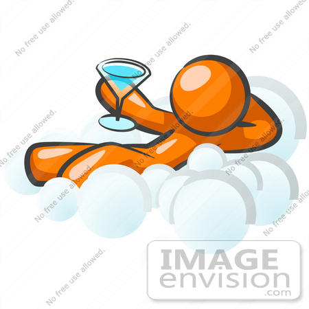 #35475 Clip Art Graphic of an Orange Guy Character On Cloud 9, Drinking A Blue Martini by Jester Arts