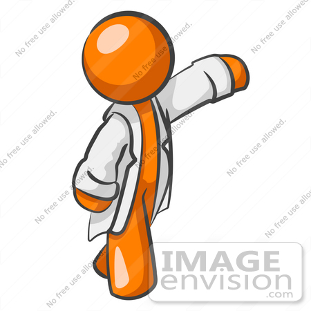 #35476 Clip Art Graphic of an Orange Guy Character In A White Lab Coat, A Doctor Or Scientist, Waving by Jester Arts