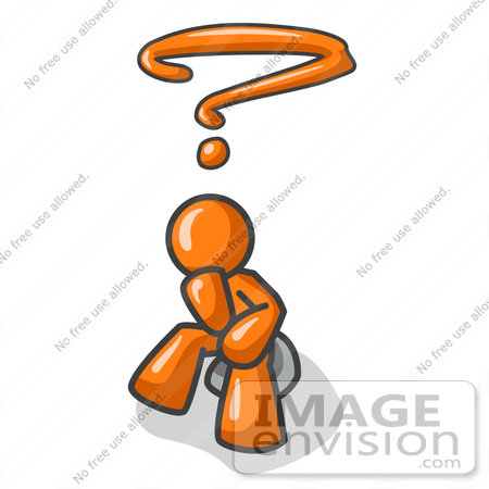 #35477 Clip Art Graphic of an Orange Guy Character Seated On A Rock And Resting His Chin In His Hand While Wondering by Jester Arts