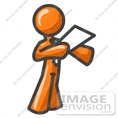 #35481 Clip Art Graphic of an Orange Guy Character Standing And Reading A Memo by Jester Arts
