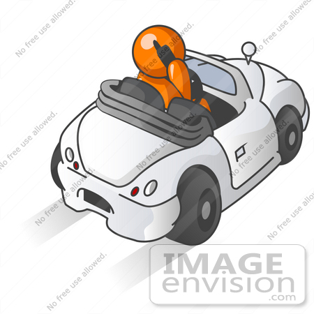 #35482 Clip Art Graphic of an Orange Guy Character Chatting On A Cell Phone While Driving by Jester Arts