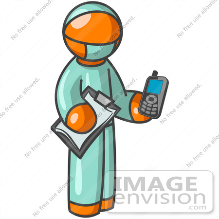 #35483 Clip Art Graphic of an Orange Guy Character Doctor Holding A Cell Phone And Clipboard by Jester Arts