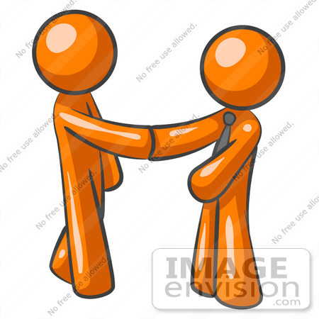 #35484 Clip Art Graphic of Orange Guy Characters Shaking Hands At The Office by Jester Arts