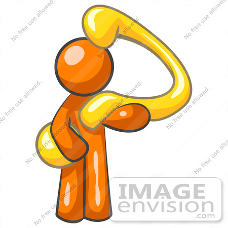 #35485 Clip Art Graphic of an Orange Guy Character Holding A Curvy Question Mark by Jester Arts