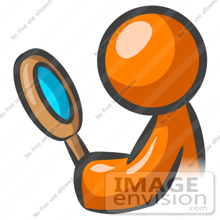 #35486 Clip Art Graphic of an Orange Guy Character Searching Through A Magnifying Glass by Jester Arts