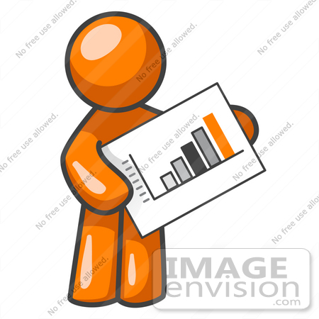#35489 Clip Art Graphic of an Orange Guy Character Holding A Business Bar Graph by Jester Arts