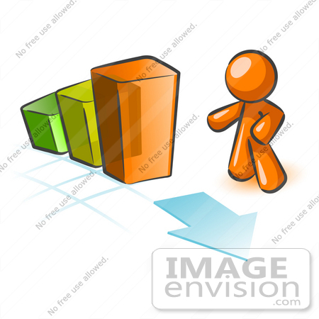 #35490 Clip Art Graphic of an Orange Guy Character Looking Down At An Arrow On A Bar Graph by Jester Arts
