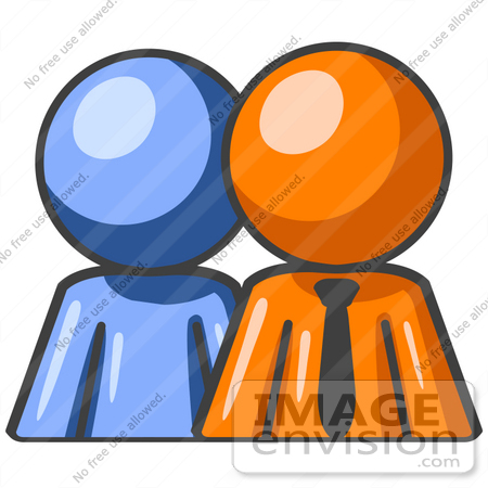 #35493 Clip Art Graphic of an Orange Guy Character Standing In Front Of His Blue Employee by Jester Arts