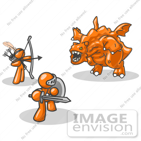 #35494 Clip Art Graphic of an Orange Guy Characters Fighting Off A Dragon Beast With Weapons by Jester Arts
