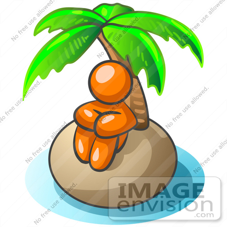 #35497 Clip Art Graphic of an Orange Guy Character Sitting Alone Under A Palm Tree On A Deserted Tropical Island by Jester Arts