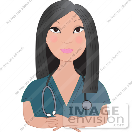 #35581 Clip Art Graphic of a Pretty Female Asian Nurse, Doctor Or Vet With A Stethoscope Around Her Neck, Listening To A Patient by Maria Bell