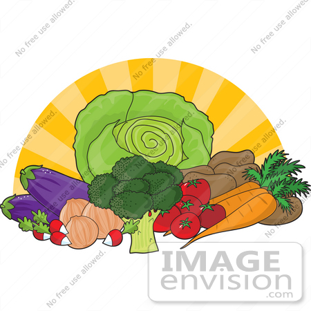 #35584 Clip Art Graphic of The Sun Bursting Behind Fresh And Organic Produce; Lettuce, Potatoes, Tomatoes, Carrots, Broccoli, Onions, Radishes And Eggplants by Maria Bell