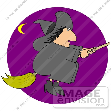 #35603 Clip Art Graphic of a Chubby Lady Witch In Black, With Black Curly Hair And A Wart, Flying Past A Crescent Moon On A Broom by DJArt