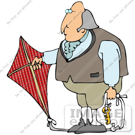 #35604 Clip Art Graphic of Benjamin Franklin Conducting His Electrical Experiment With a Skeleton Key on a Rope to a Red Flag by DJArt