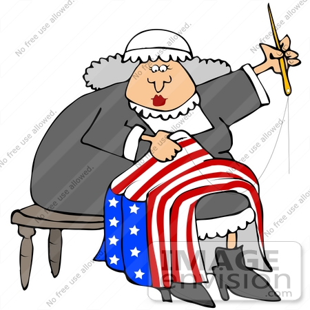 #35605 Clip Art Graphic of Gray Haired Betsy Ross Sewing the 13 Starred Flag by DJArt