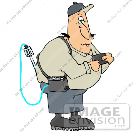 #35610 Clip Art Graphic of a Caucasian Man Wearing A Gas Meter Detector And Checking A Pager by DJArt