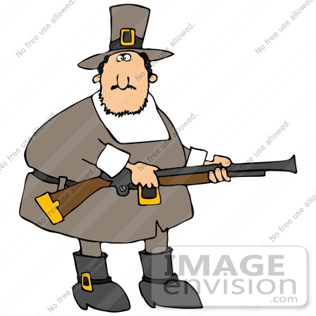 #35613 Clip Art Graphic of a Male Pilgrim Hunting For Turkey Birds With A Rifle by DJArt