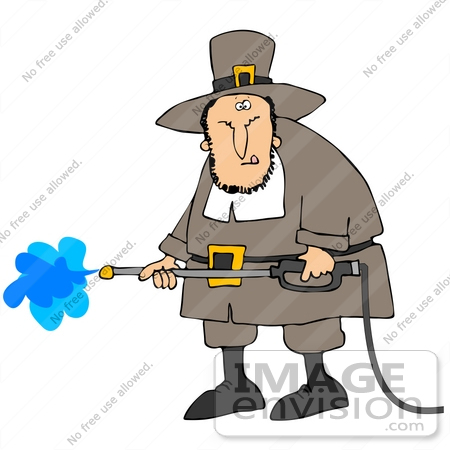 #35614 Clip Art Graphic of a Male Pilgrim Spraying Off A Building With A Power Washer by DJArt