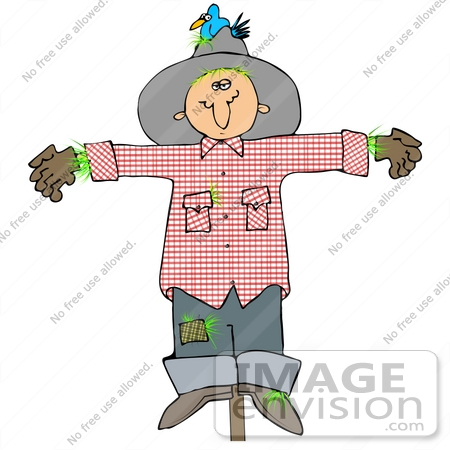 #35619 Clip Art Graphic of a Scarecrow With A Bird Nesting In His Hat, On A Post In A Crop by DJArt