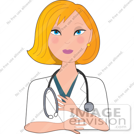 #35623 Clip Art Graphic of a Professional Blond Haired, Blue Eyed Female Caucasian Nurse, Doctor Or Veterinarian Wearing A Stethoscope Around Her Neck Listening by Maria Bell