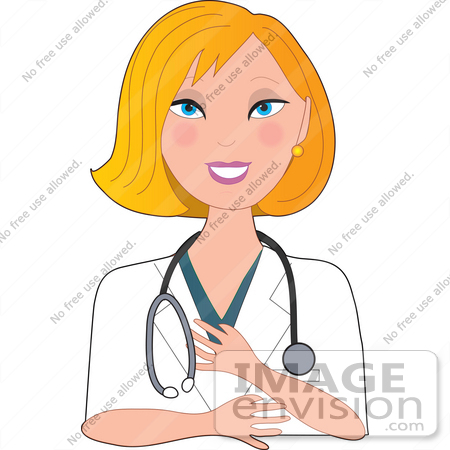 #35624 Clip Art Graphic of a Blond Haired, Blue Eyed Female Caucasian Nurse, Doctor Or Veterinarian Wearing A Stethoscope Around Her Neck And Smiling Nicely At A Client by Maria Bell