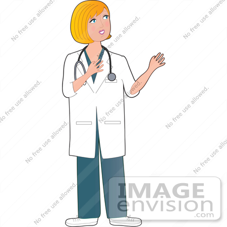 #35626 Clip Art Graphic of a Talkative Blond Haired Female Caucasian Nurse, Doctor Or Veterinarian Wearing A Stethoscope Around Her Neck And Gesturing While Talking by Maria Bell