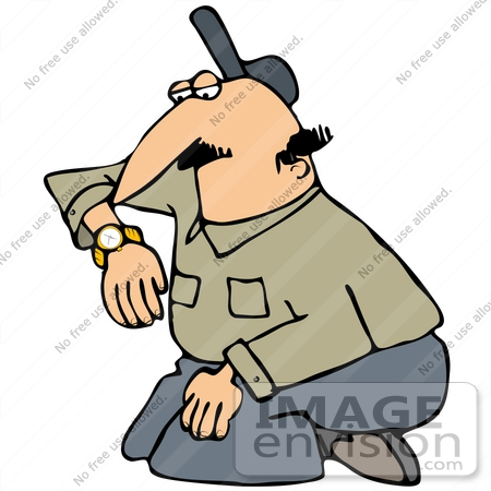 #35627 Clip Art Graphic of a Kneeling Caucasian Man Checking the Time on His Watch by DJArt