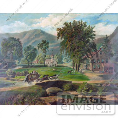 #35632 Stock Illustration Of Fast Horses Pulling People Over A Bridge In A Stagecoach, On A Dirt Roud Through A Village by JVPD
