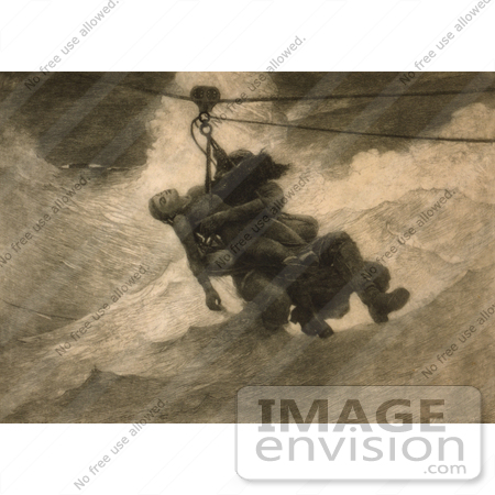 #35645 Stock Illustration Of A Man On A Pully Ship Saving Apparatus, Saving A Drowning Woman From A Stormy Sea by JVPD