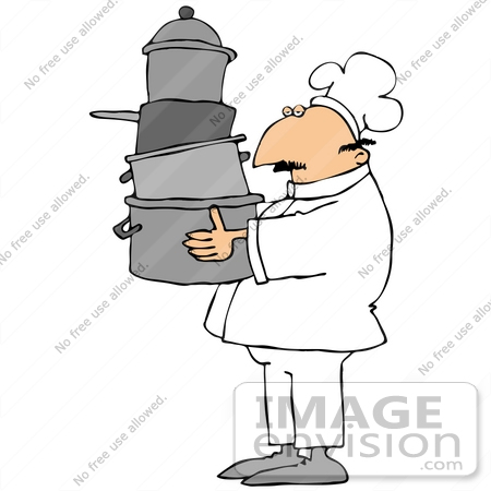 #35649 Clip Art Graphic of a Tired Male Caucasian Chef in a White Uniform, Carrying Pots to His Work Station in a Kitchen by DJArt