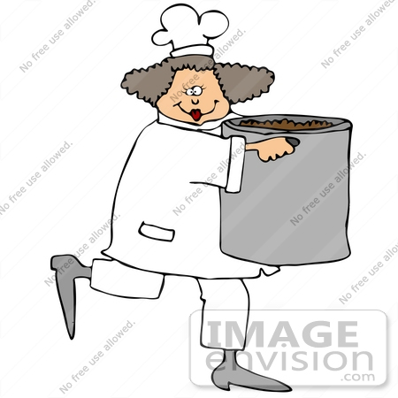 #35651 Clip Art Graphic of a Friendly Female Caucasian Chef With Curly Hair, Wearing A White Hat And Uniform, Running Through A Kitchen With A Pot Of Stew by DJArt