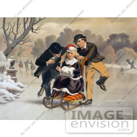 #35658 Stock Illustration of Two Boys Flirting And Competing For The Love Of A Blond Girl, Who They Are Pushing On A Sled As They Skate On Ice by JVPD