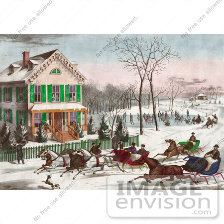 #35665 Stock Illustration of Four Horse Drawn Sleighs Racing Down A Street In Front Of A Home While People Watch Or Ice Skate In The Background by JVPD